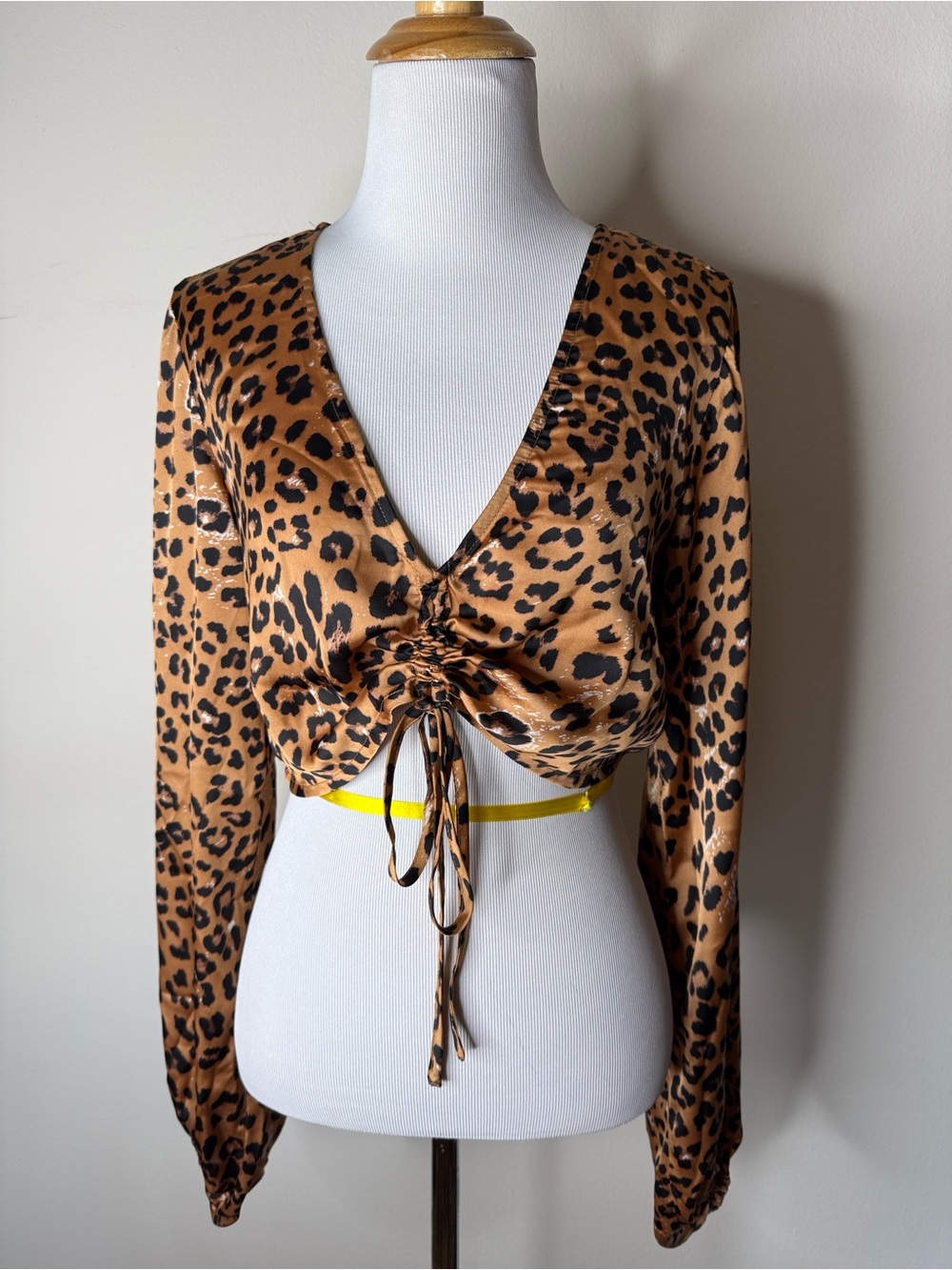 House of Harlow Leopard Satin Long Sleeve Crop Top